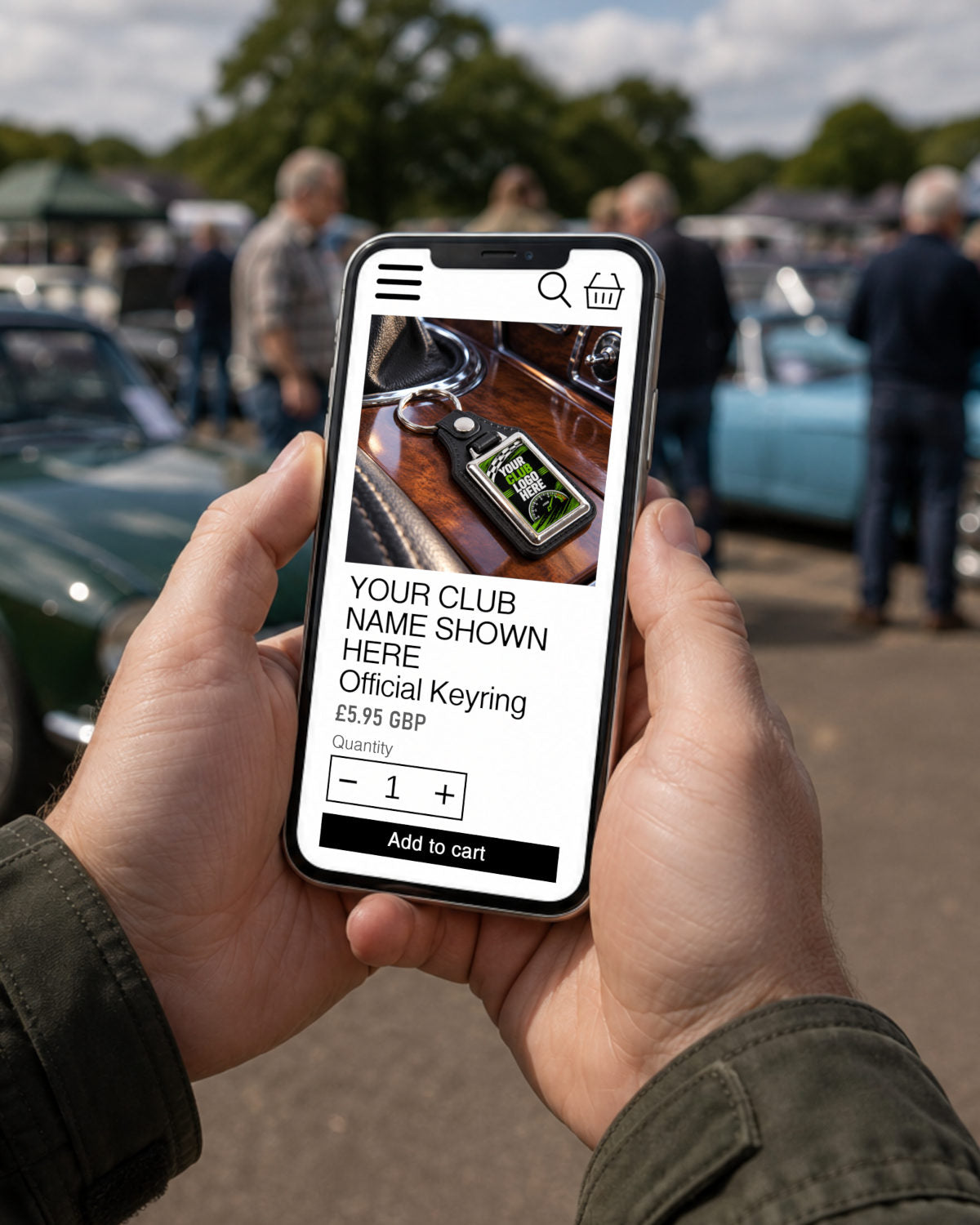 Your clubs personalised keyring listing on smartphone view by man at classic car meet.